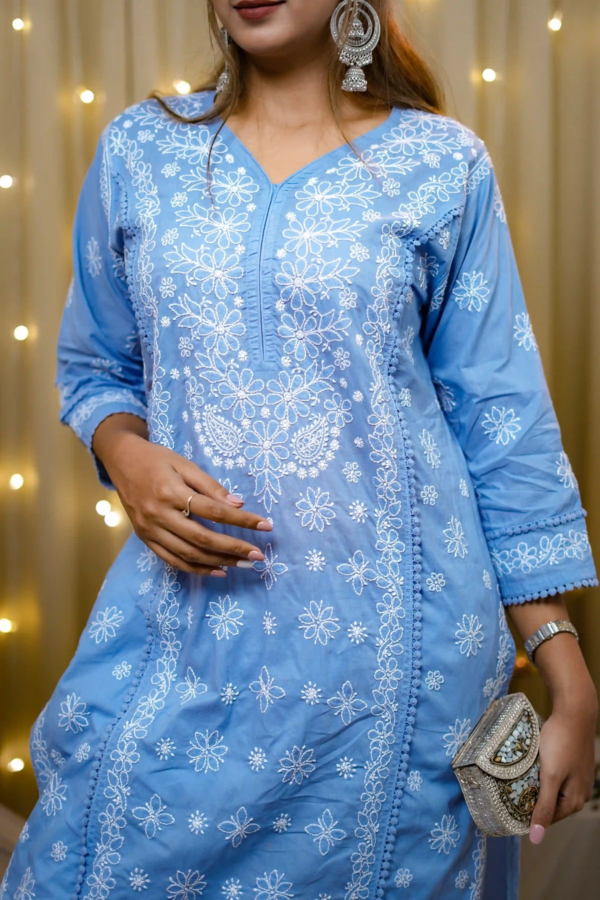 Cotton Chikankari Solid Women's Long Kurta - Powder Blue