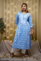 Cotton Chikankari Solid Women's Long Kurta - Powder Blue