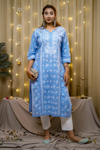 Cotton Chikankari Solid Women's Long Kurta - Powder Blue