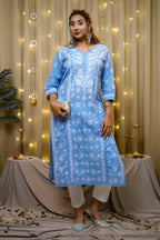 Cotton Chikankari Solid Women's Long Kurta - Powder Blue