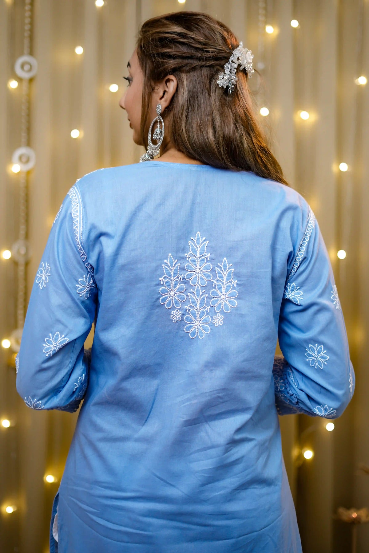 Cotton Chikankari Solid Women's Long Kurta - Powder Blue