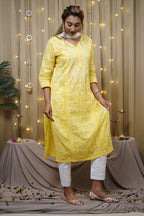 Cotton Chikankari Solid Women's Long Kurta - Yellow