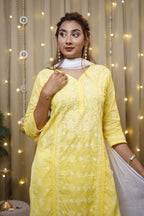 Cotton Chikankari Solid Women's Long Kurta - Yellow