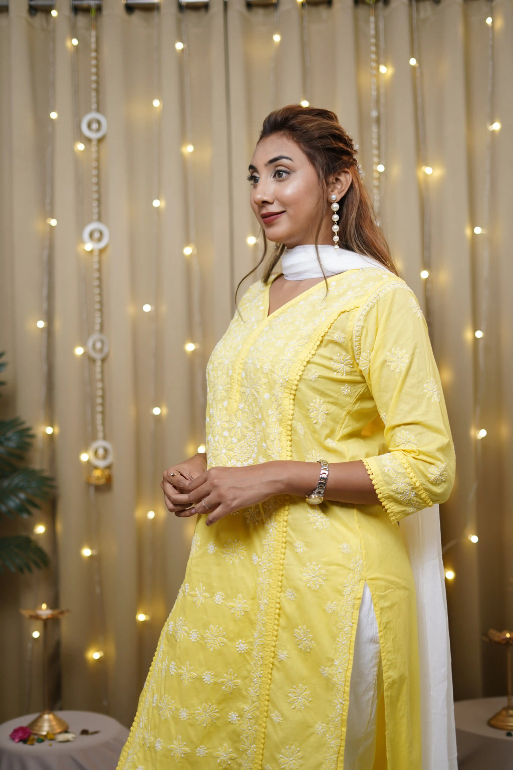 Cotton Chikankari Solid Women's Long Kurta - Yellow