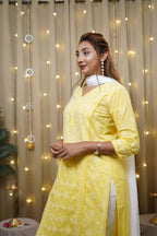 Cotton Chikankari Solid Women's Long Kurta - Yellow