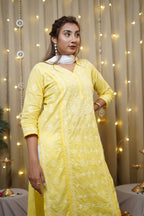 Cotton Chikankari Solid Women's Long Kurta - Yellow