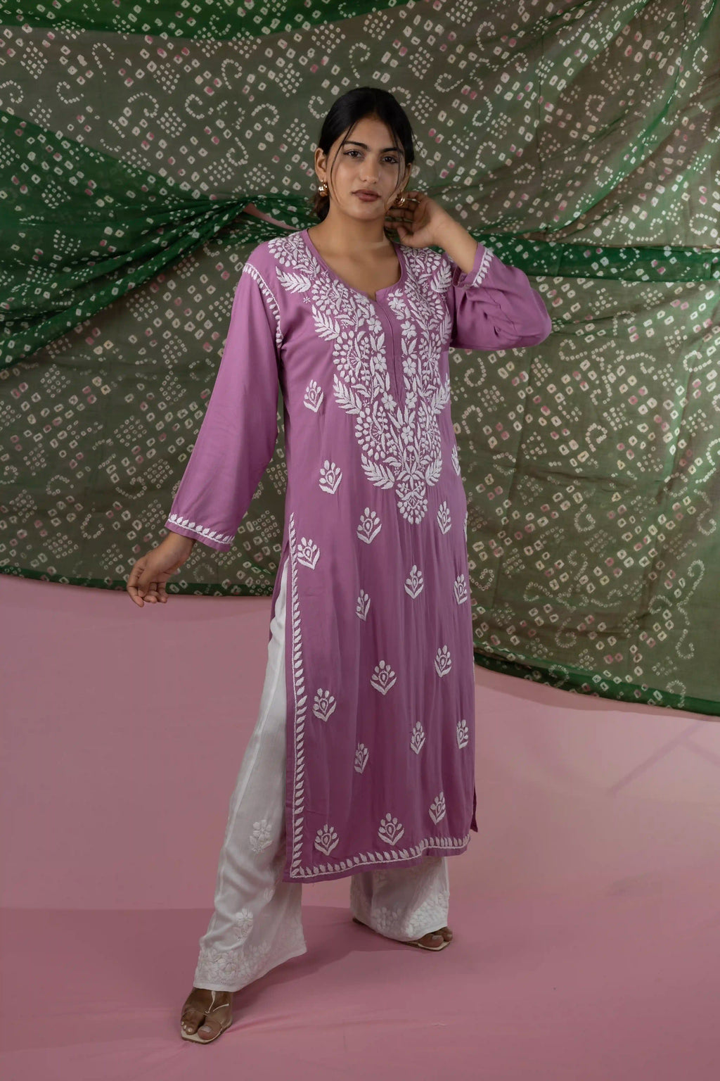 Rayon Chikankari Solid Women's Long Kurta - Dusty Lavender