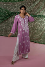 Rayon Chikankari Solid Women's Long Kurta - Dusty Lavender
