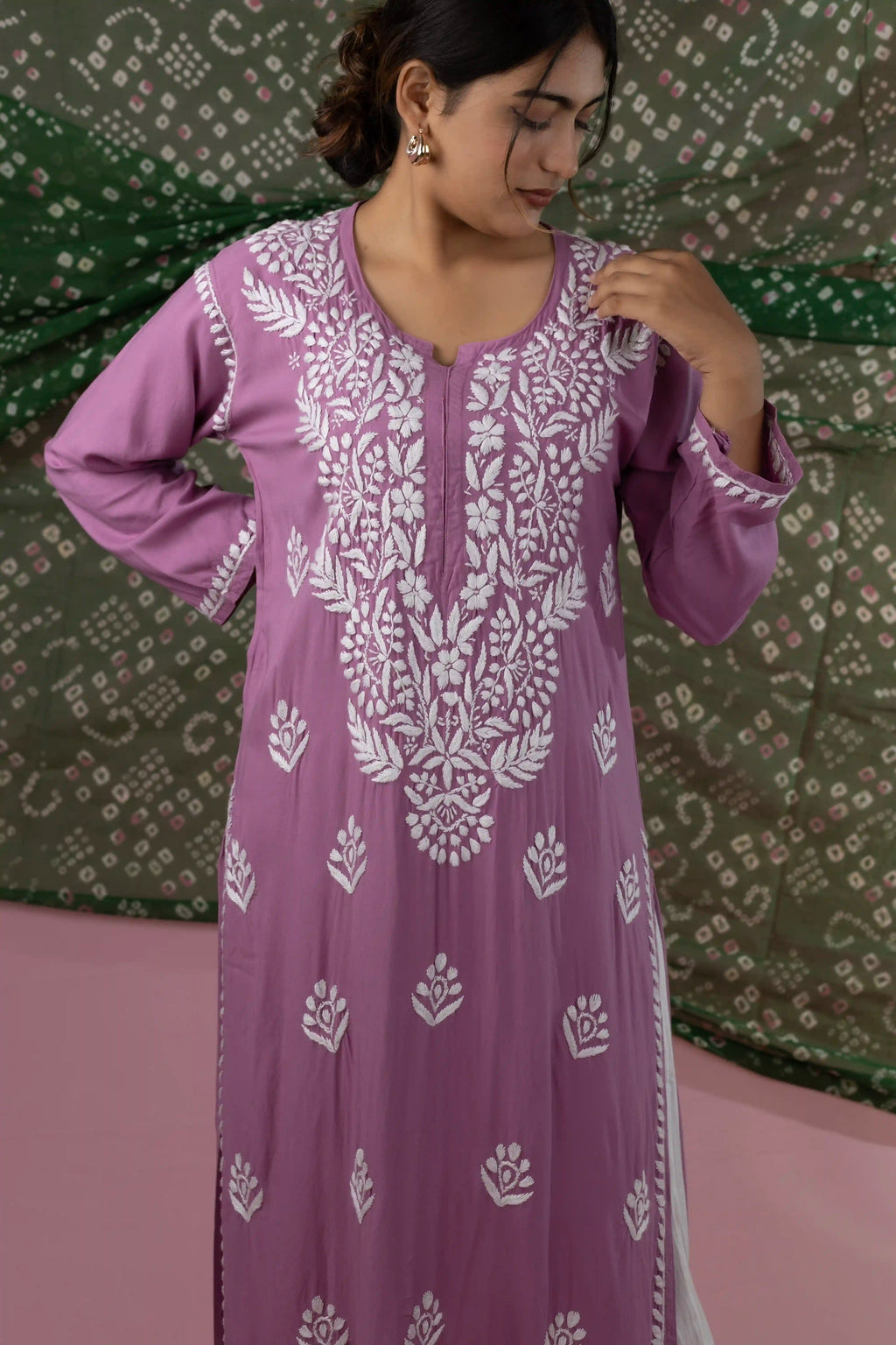 Rayon Chikankari Solid Women's Long Kurta - Dusty Lavender