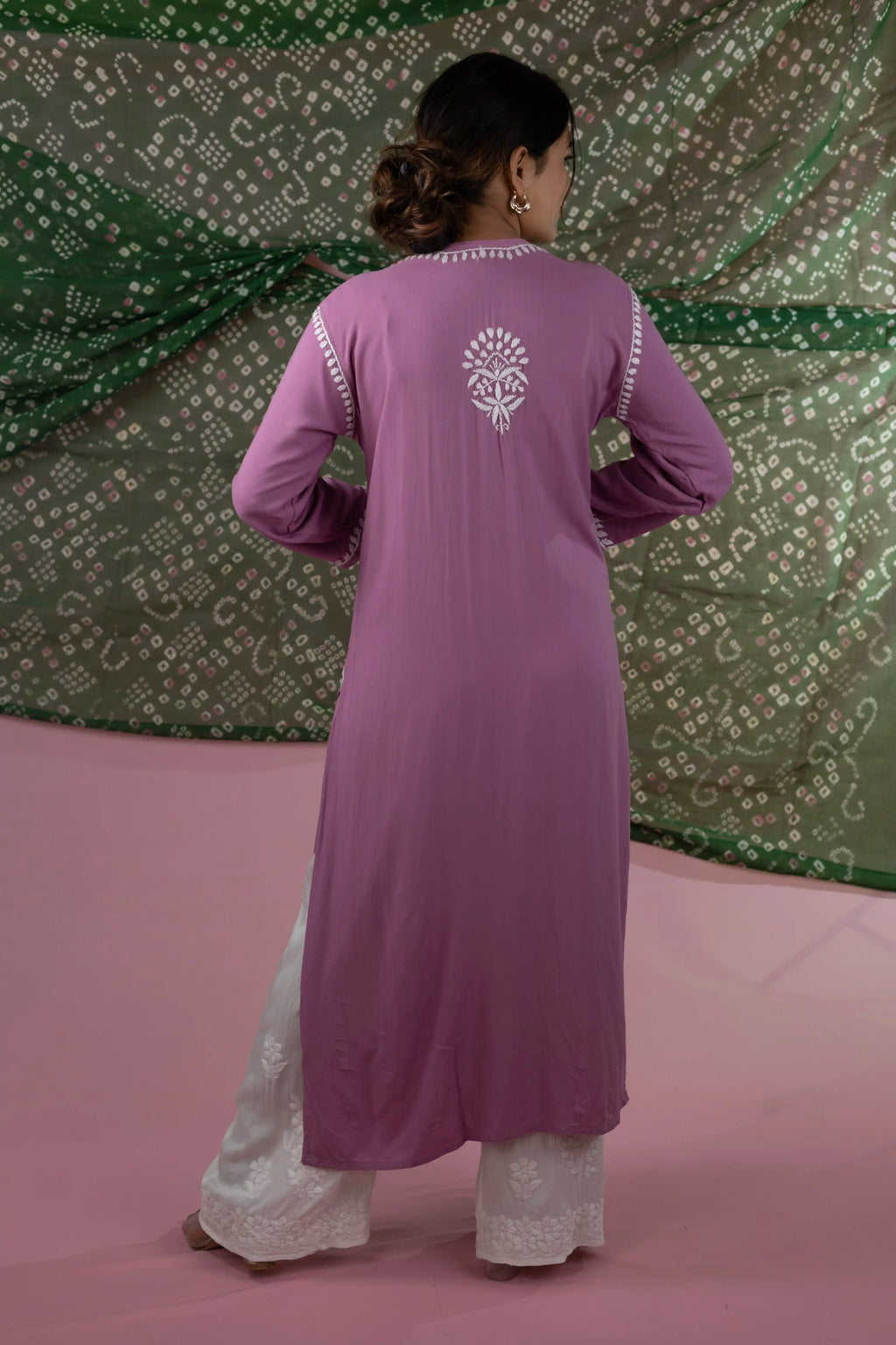 Rayon Chikankari Solid Women's Long Kurta - Dusty Lavender