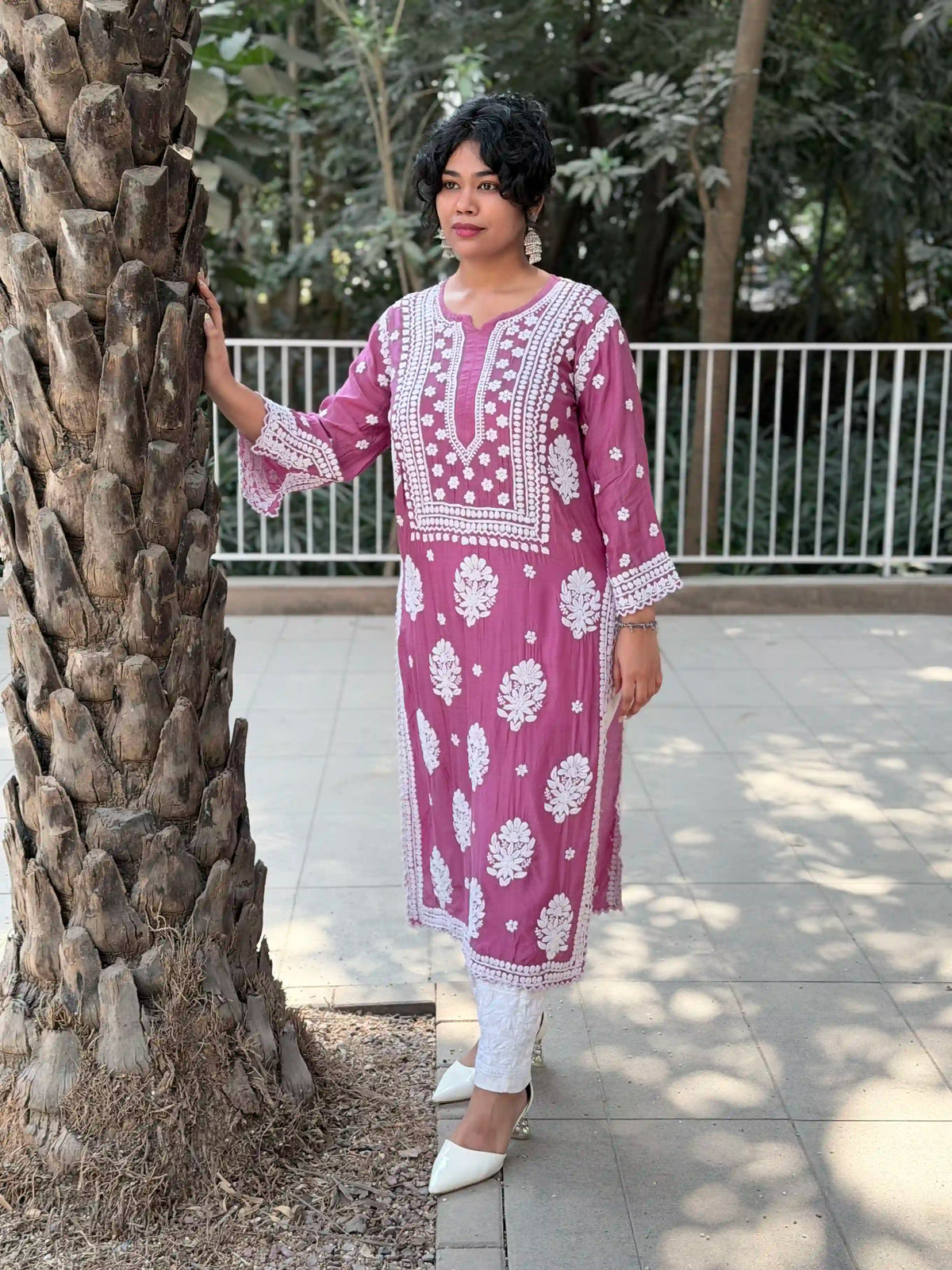 Muslin Hand Chikankari Solid Women's Long Kurta - Dusty Mauve
