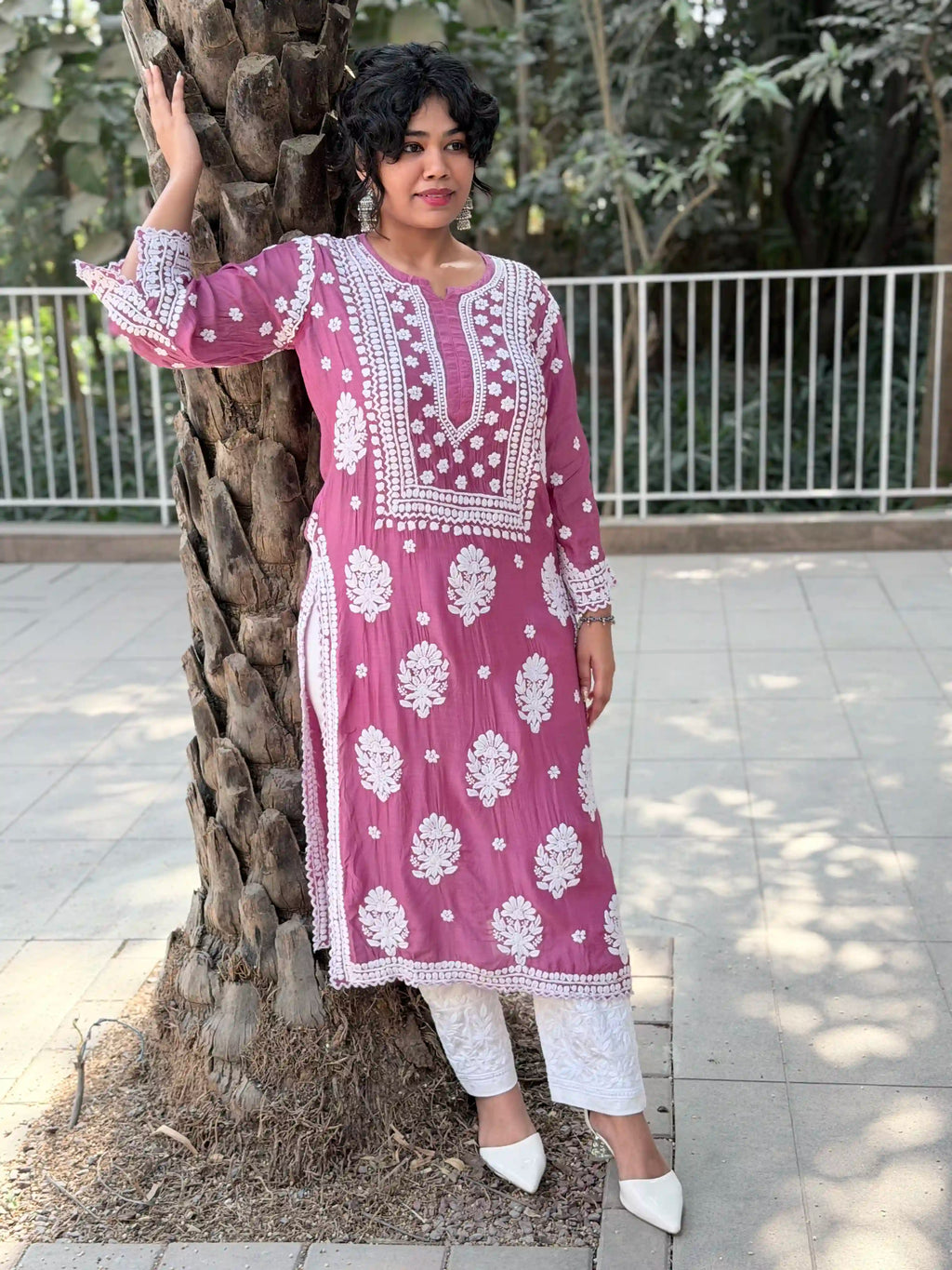 Muslin Hand Chikankari Solid Women's Long Kurta - Dusty Mauve