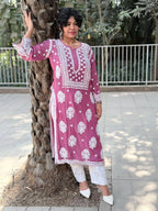 Muslin Hand Chikankari Solid Women's Long Kurta - Dusty Mauve