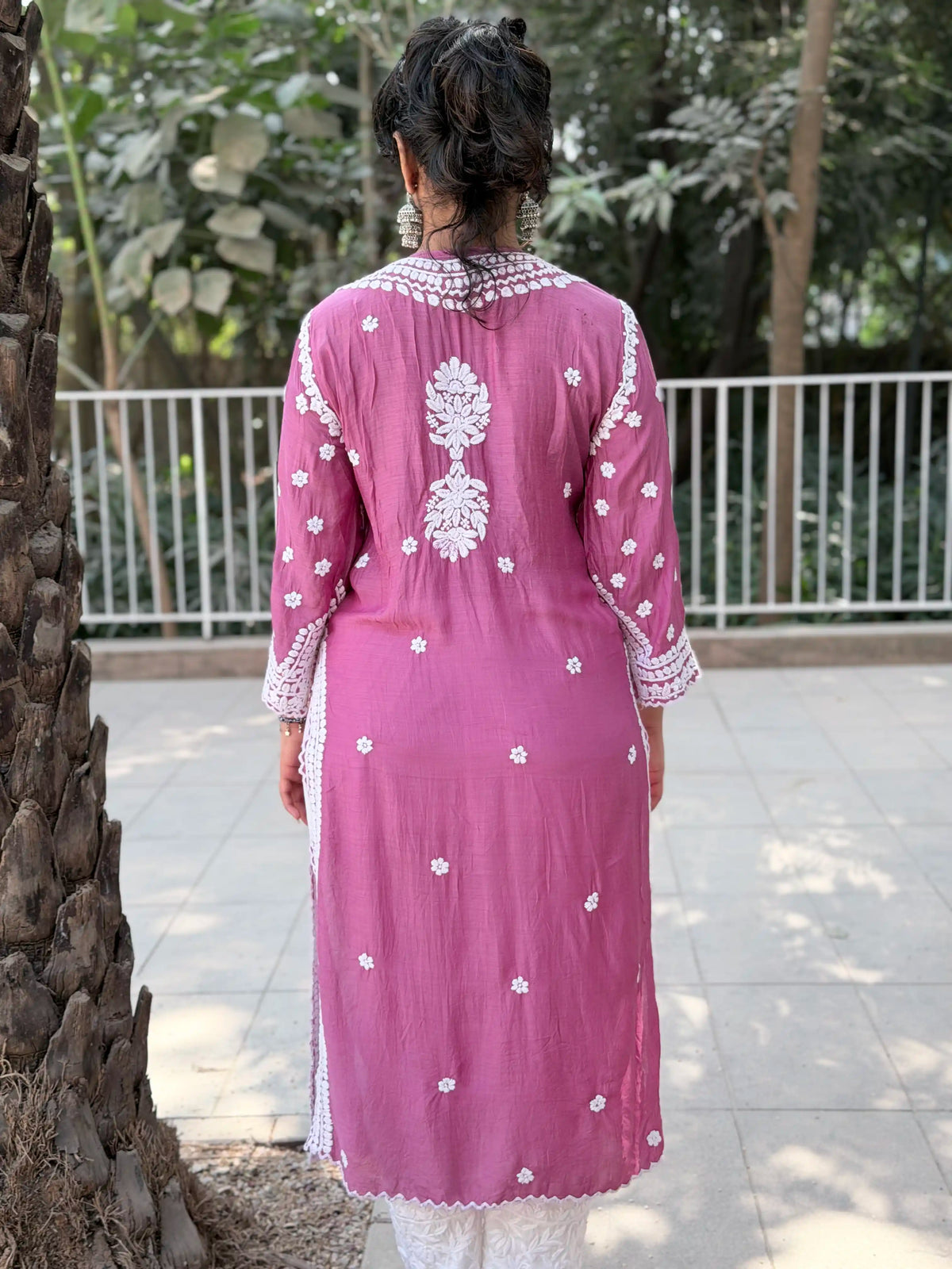 Muslin Hand Chikankari Solid Women's Long Kurta - Dusty Mauve