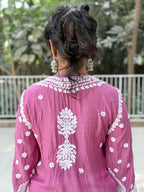 Muslin Hand Chikankari Solid Women's Long Kurta - Dusty Mauve