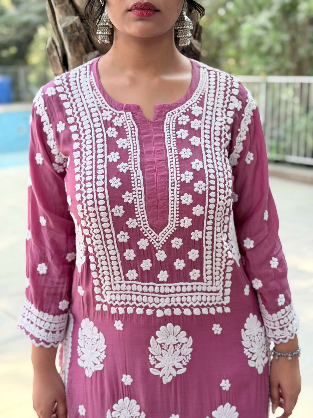 Muslin Hand Chikankari Solid Women's Long Kurta - Dusty Mauve