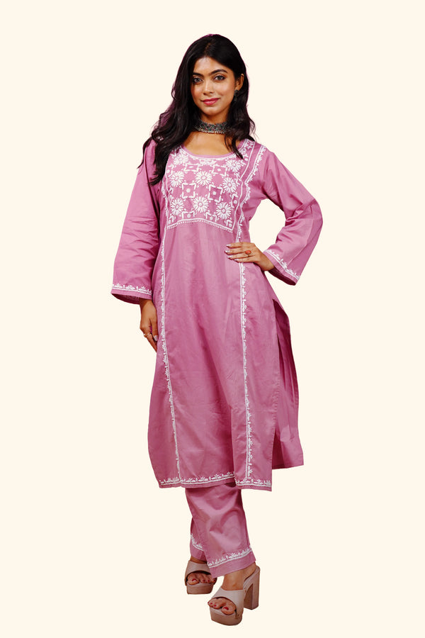 Cotton Chikankari Solid Women's 2 PC Long Kurta Set - Dusty Rose