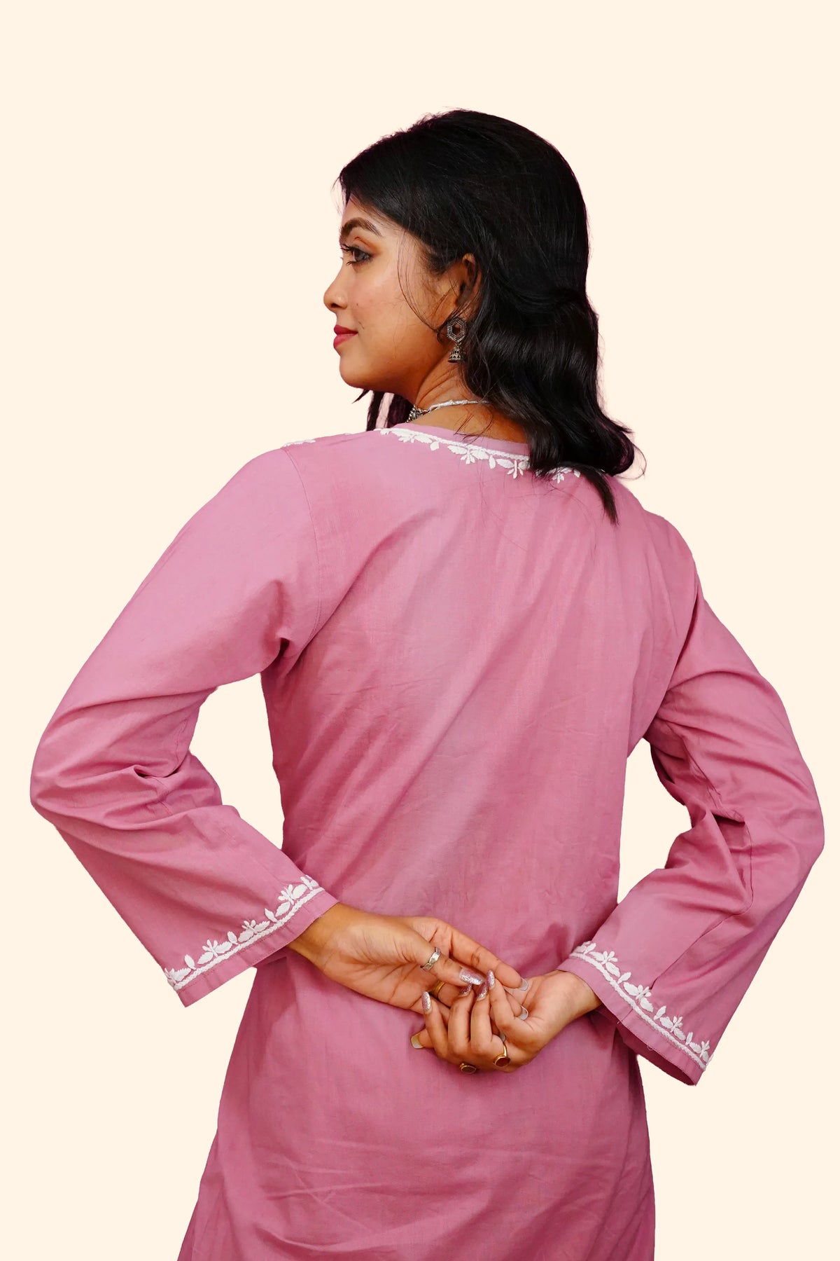 Cotton Chikankari Solid Women's 2 PC Long Kurta Set - Dusty Rose