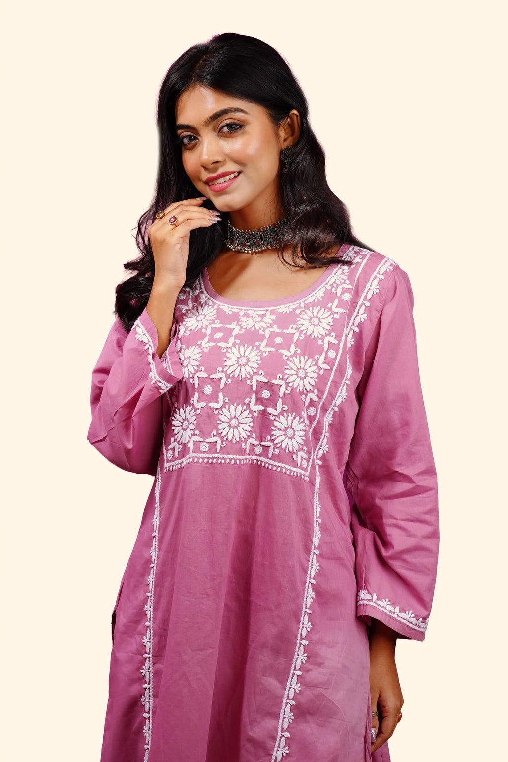 Cotton Chikankari Solid Women's 2 PC Long Kurta Set - Dusty Rose