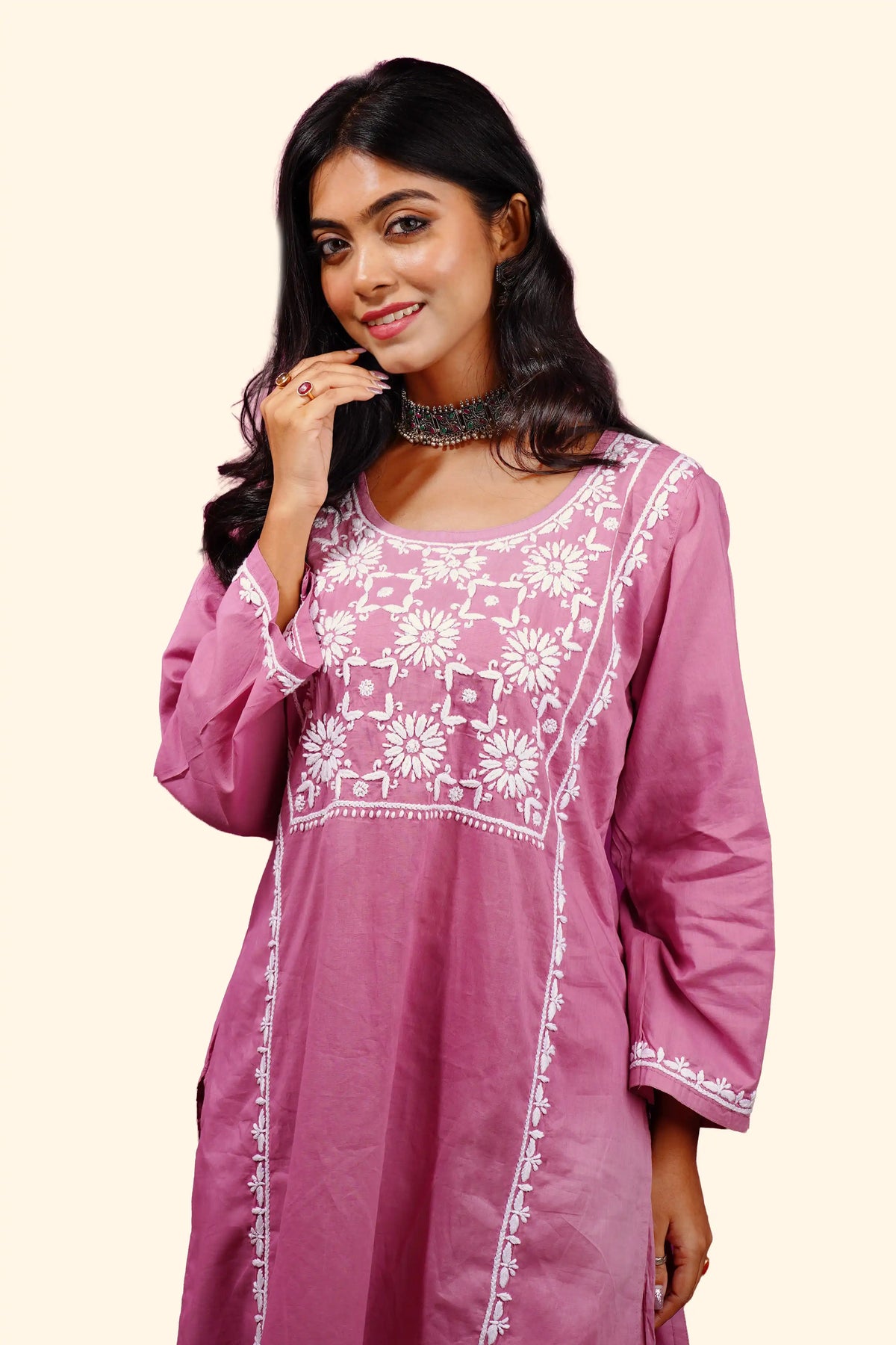 Cotton Chikankari Solid Women's 2 PC Long Kurta Set - Dusty Rose