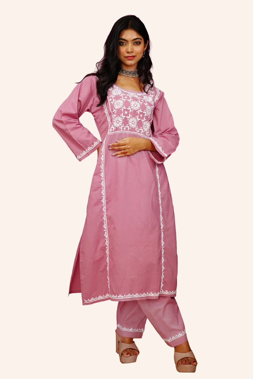 Cotton Chikankari Solid Women's 2 PC Long Kurta Set - Dusty Rose