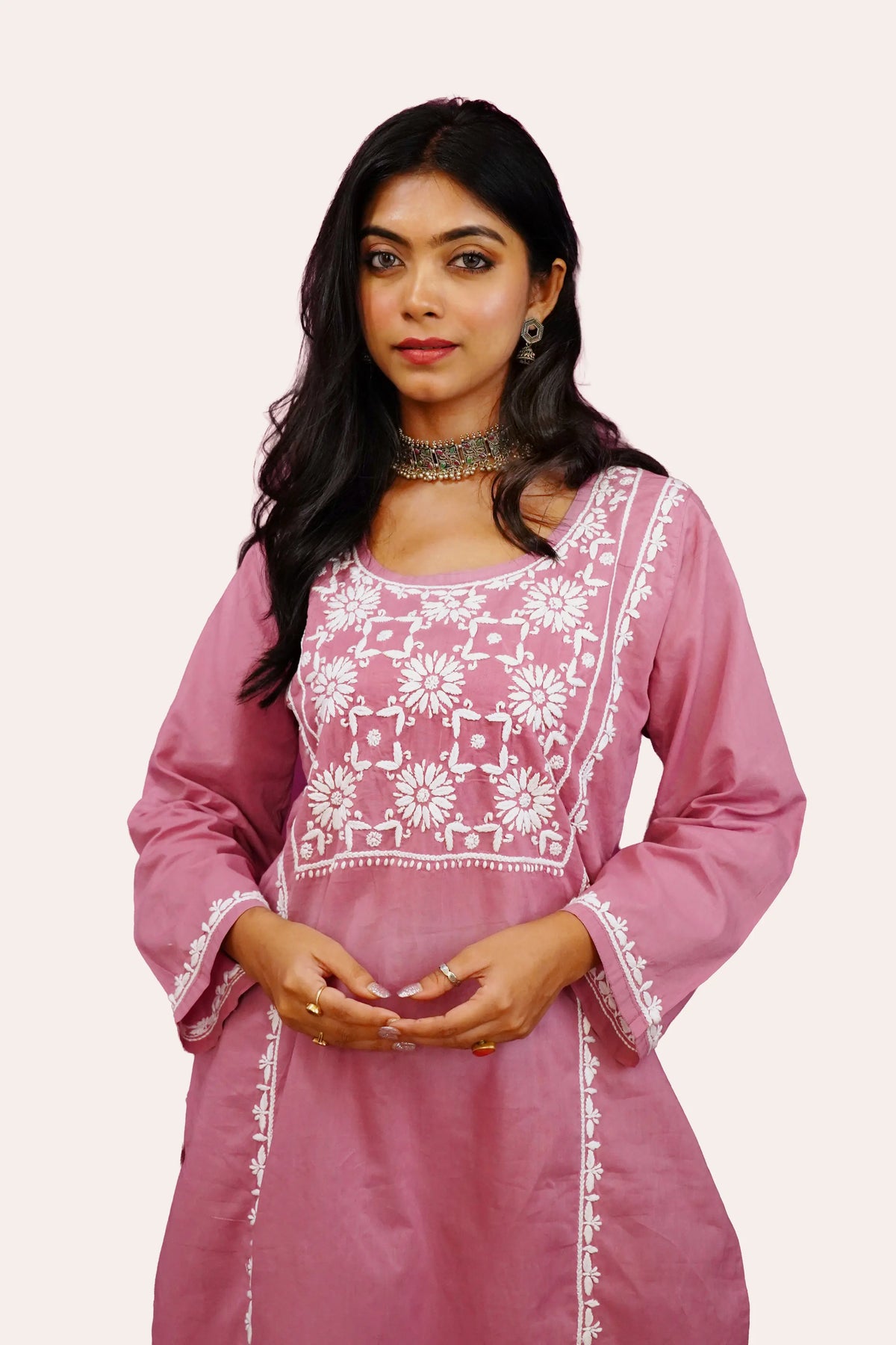 Cotton Chikankari Solid Women's 2 PC Long Kurta Set - Dusty Rose