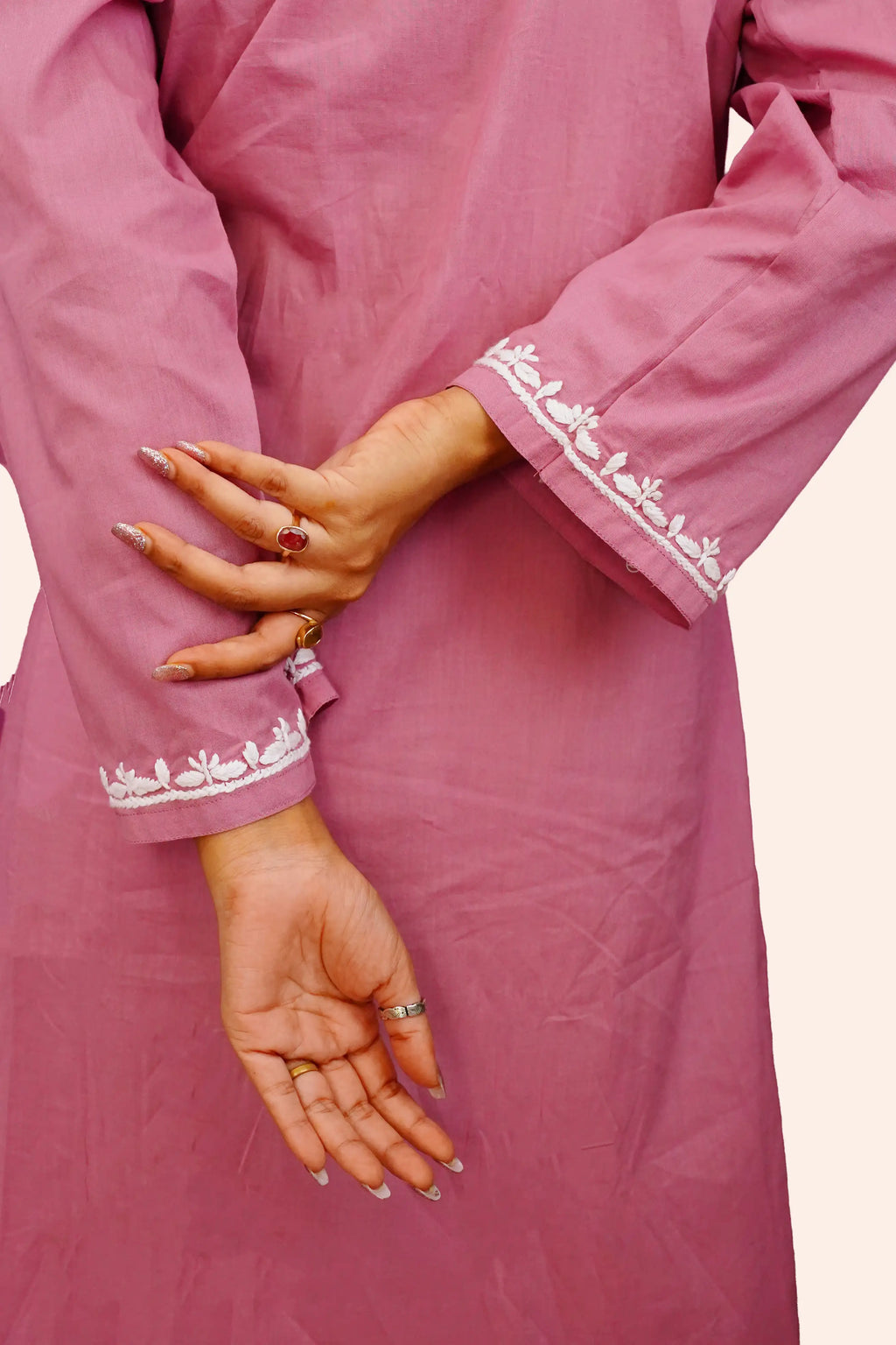 Cotton Chikankari Solid Women's 2 PC Long Kurta Set - Dusty Rose