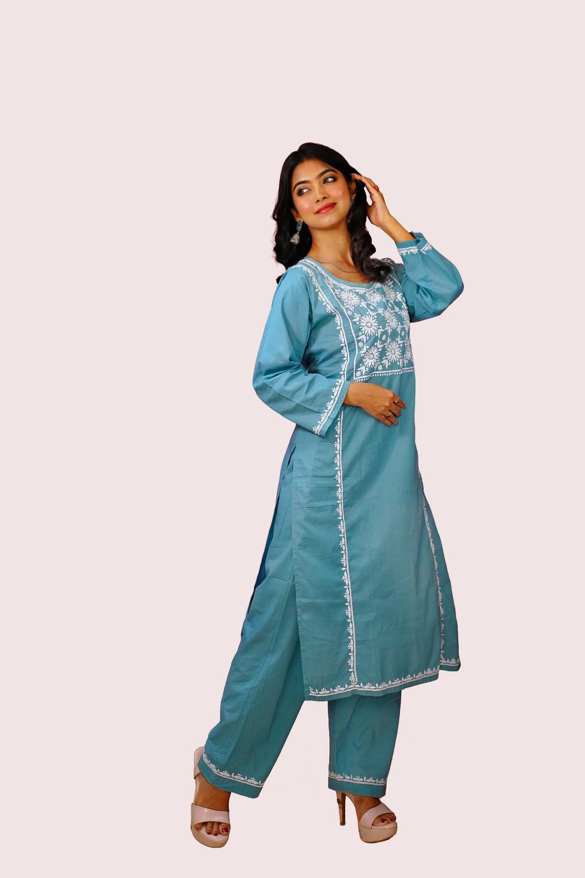 Cotton Hand-Embroidered Chikankari Solid Women's 2 PC Co-ord Set - Dusty Teal