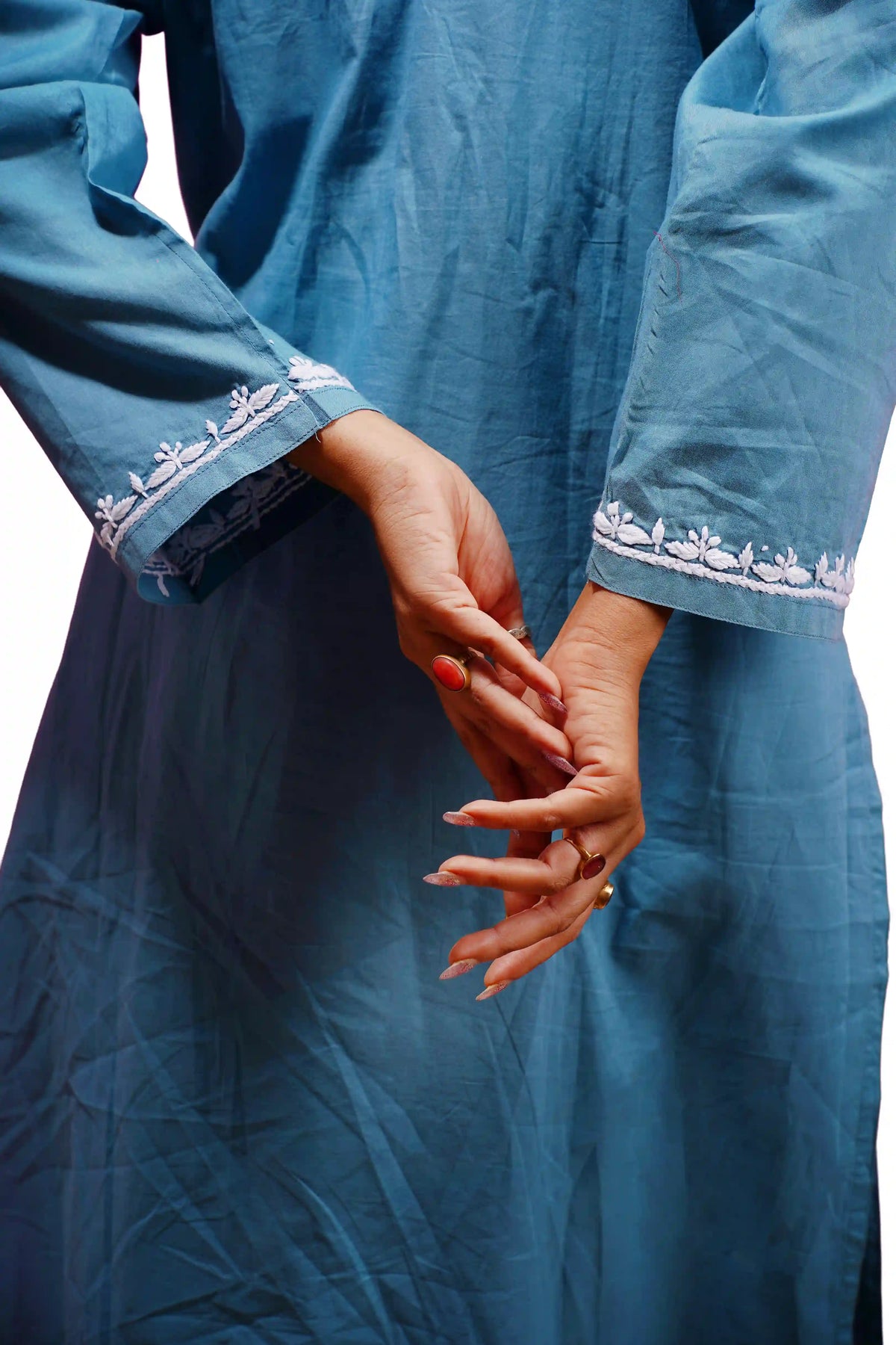 Cotton Hand-Embroidered Chikankari Solid Women's 2 PC Co-ord Set - Dusty Teal