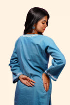 Cotton Hand-Embroidered Chikankari Solid Women's 2 PC Co-ord Set - Dusty Teal