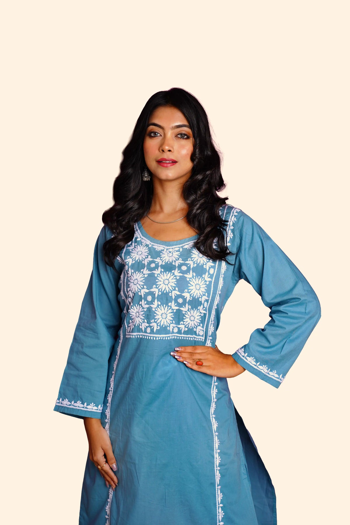 Cotton Hand-Embroidered Chikankari Solid Women's 2 PC Co-ord Set - Dusty Teal