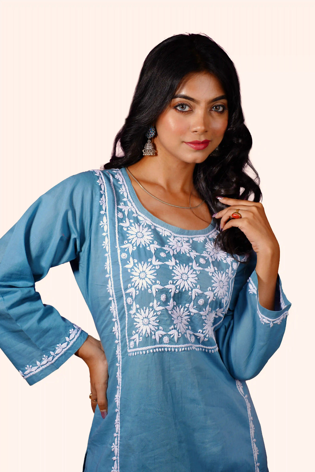 Cotton Hand-Embroidered Chikankari Solid Women's 2 PC Co-ord Set - Dusty Teal