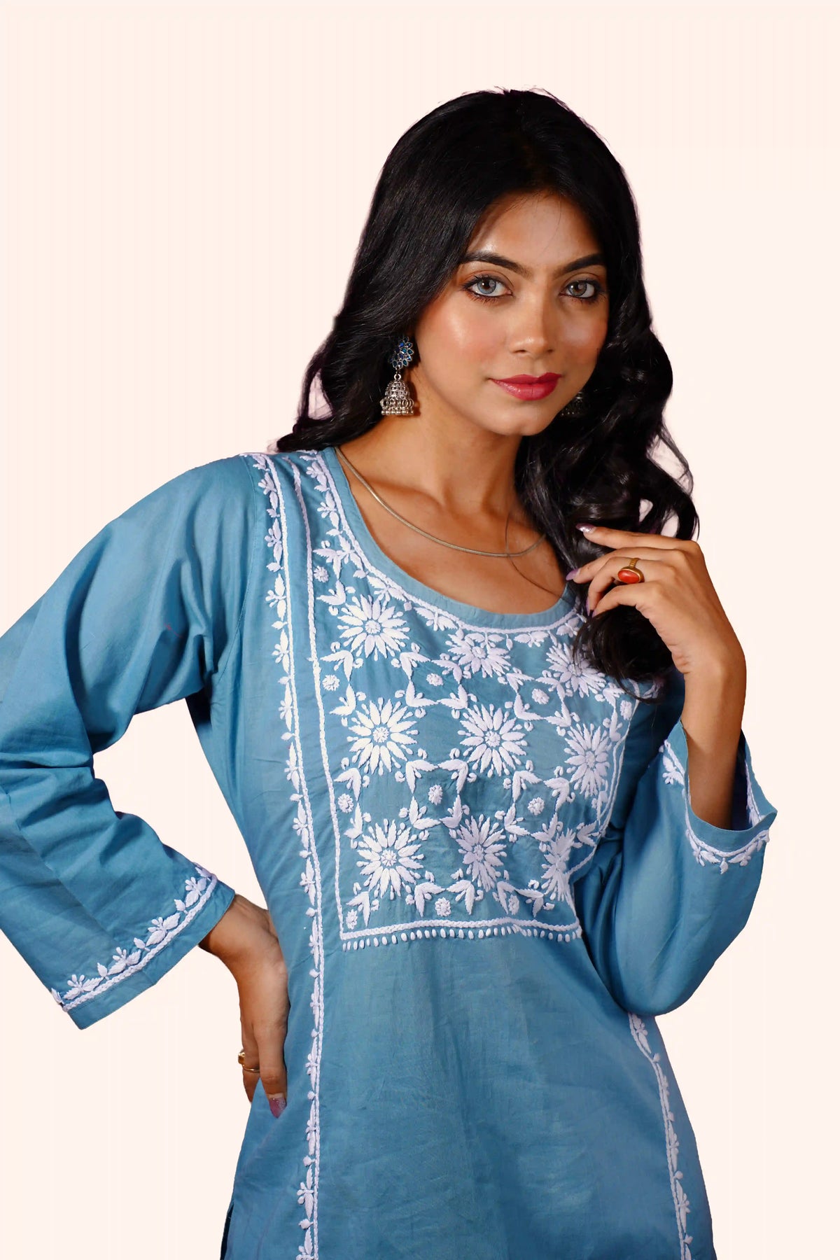 Cotton Hand-Embroidered Chikankari Solid Women's 2 PC Co-ord Set - Dusty Teal