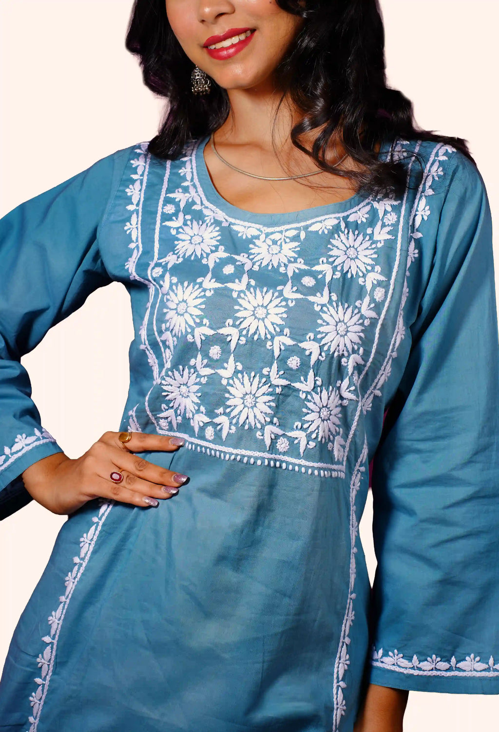 Cotton Hand-Embroidered Chikankari Solid Women's 2 PC Co-ord Set - Dusty Teal
