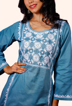 Cotton Hand-Embroidered Chikankari Solid Women's 2 PC Co-ord Set - Dusty Teal