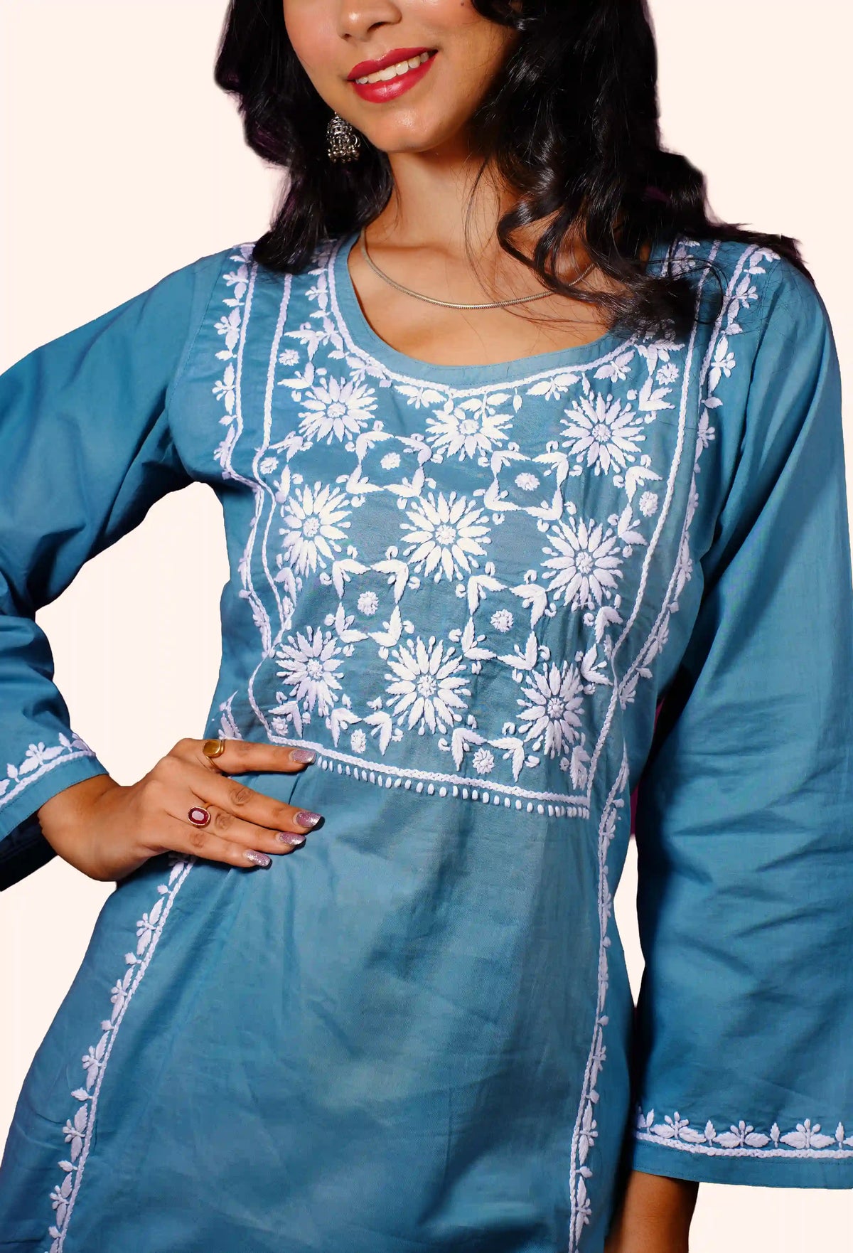 Cotton Hand-Embroidered Chikankari Solid Women's 2 PC Co-ord Set - Dusty Teal