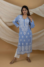 Modal Hand Chikankari Solid Women's Long Kurta - Elegant Blue