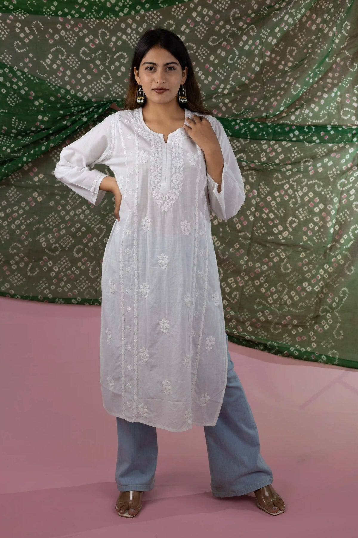 Cotton Hand Chikankari Solid Women's Long Kurta - Elegant White