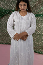 Cotton Hand Chikankari Solid Women's Long Kurta - Elegant White