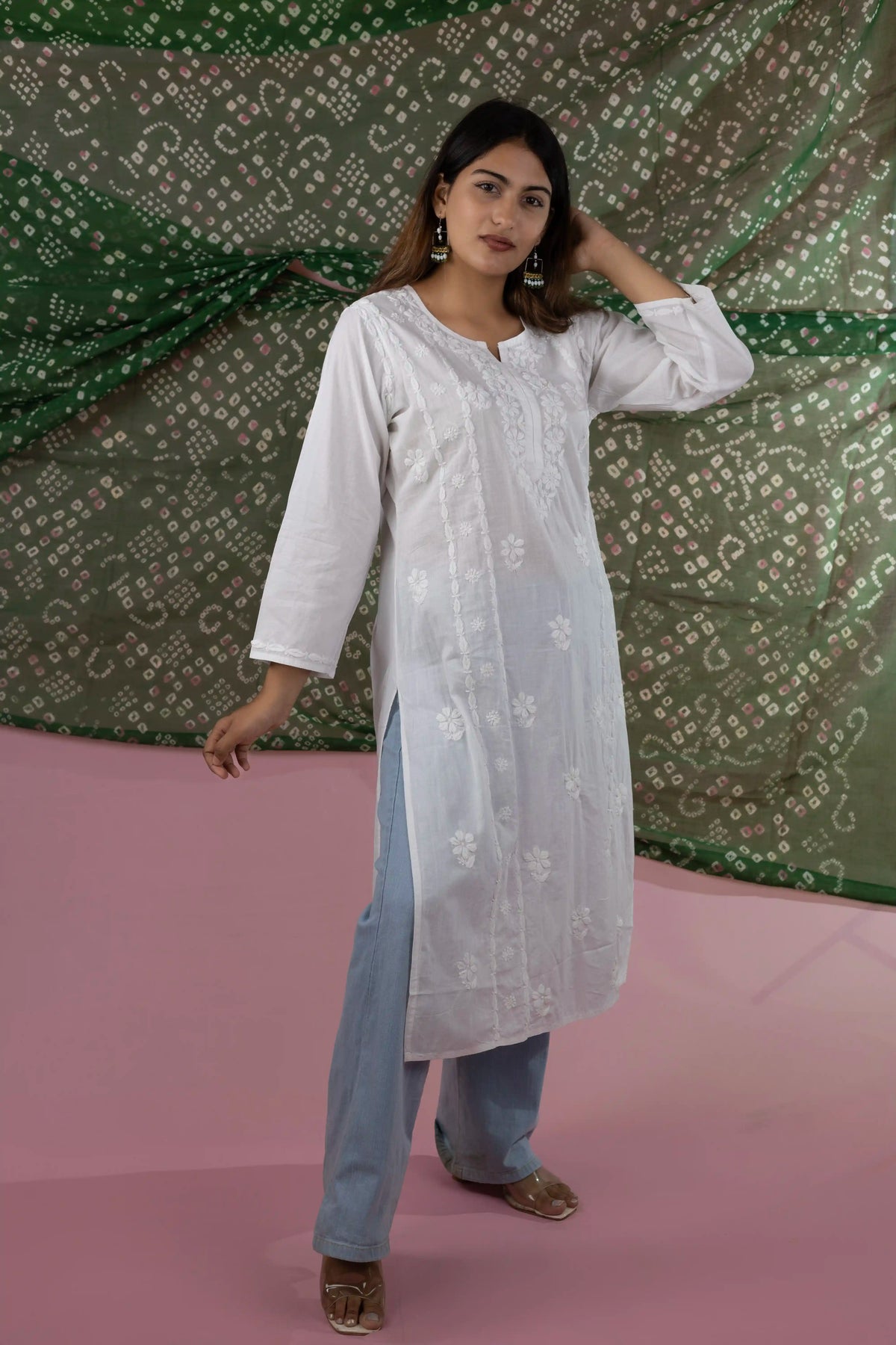 Cotton Hand Chikankari Solid Women's Long Kurta - Elegant White