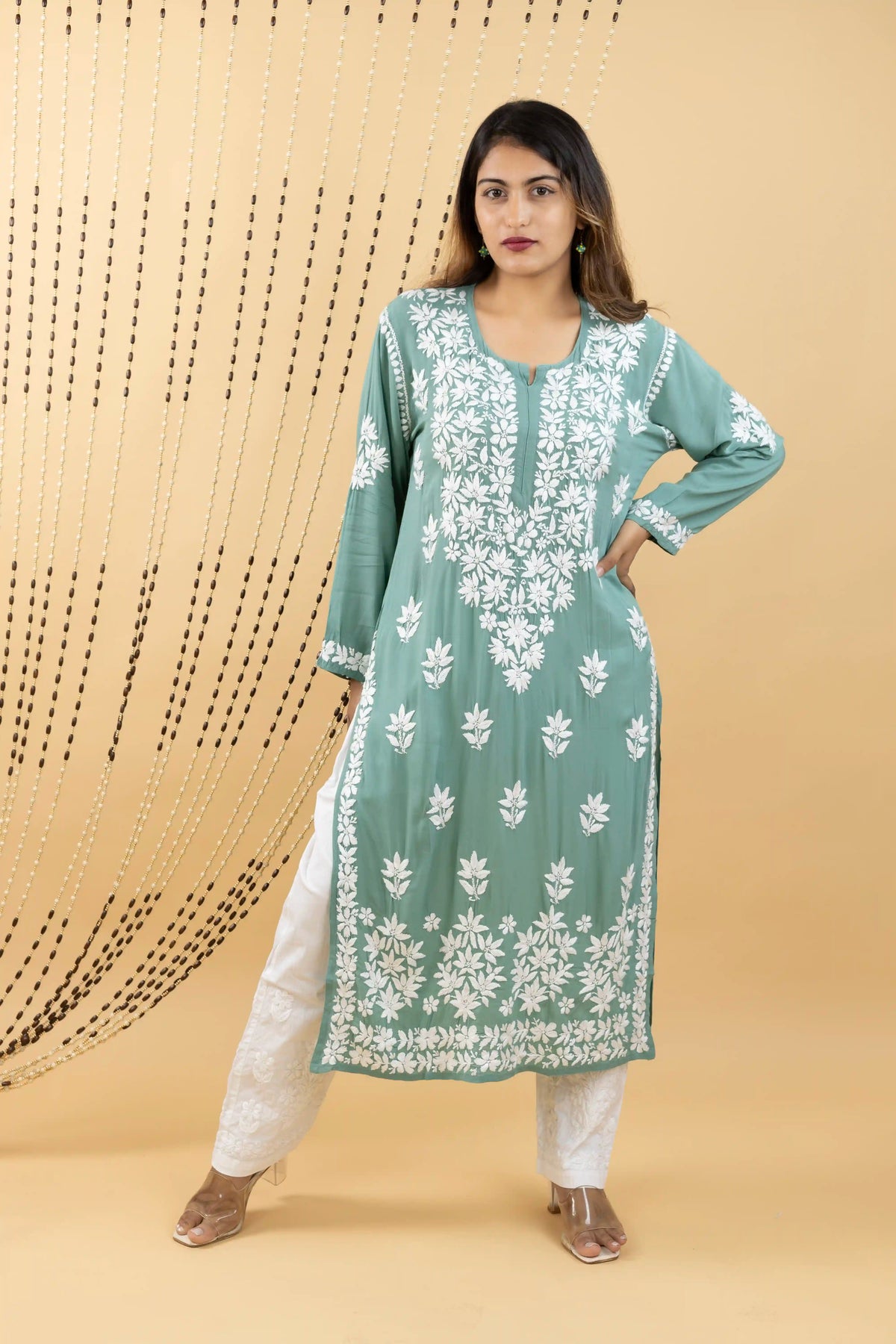 Modal Hand Chikankari Solid Women's Long Kurta - Graceful Green