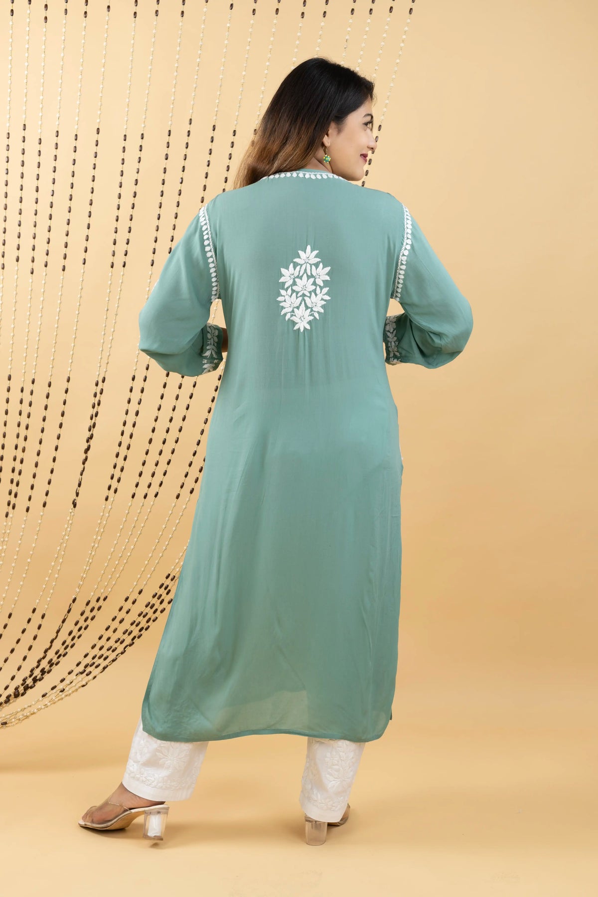 Modal Hand Chikankari Solid Women's Long Kurta - Graceful Green