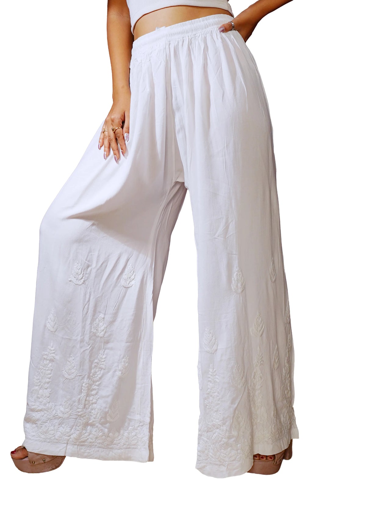 Rayon Hand-Embroidered Chikankari Solid Women's Palazzo