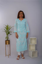 Mulmul Chikankari Solid Women's Long Kurta - Icy Aqua
