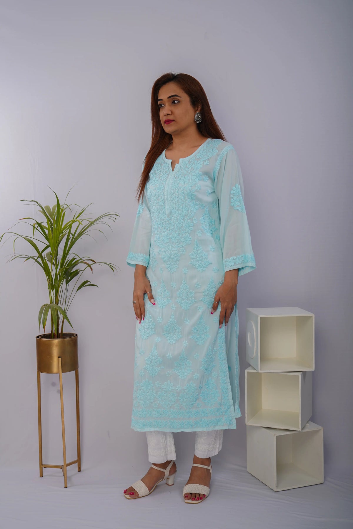 Mulmul Chikankari Solid Women's Long Kurta - Icy Aqua