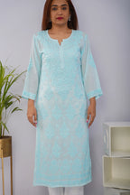 Mulmul Chikankari Solid Women's Long Kurta - Icy Aqua