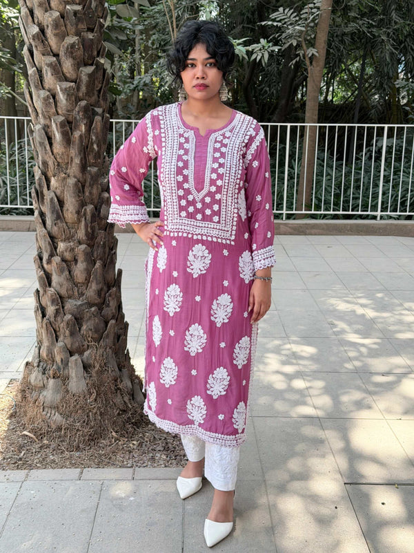 Dusty Mauve Delight Premium Muslin Handwork Chikankari Kurti