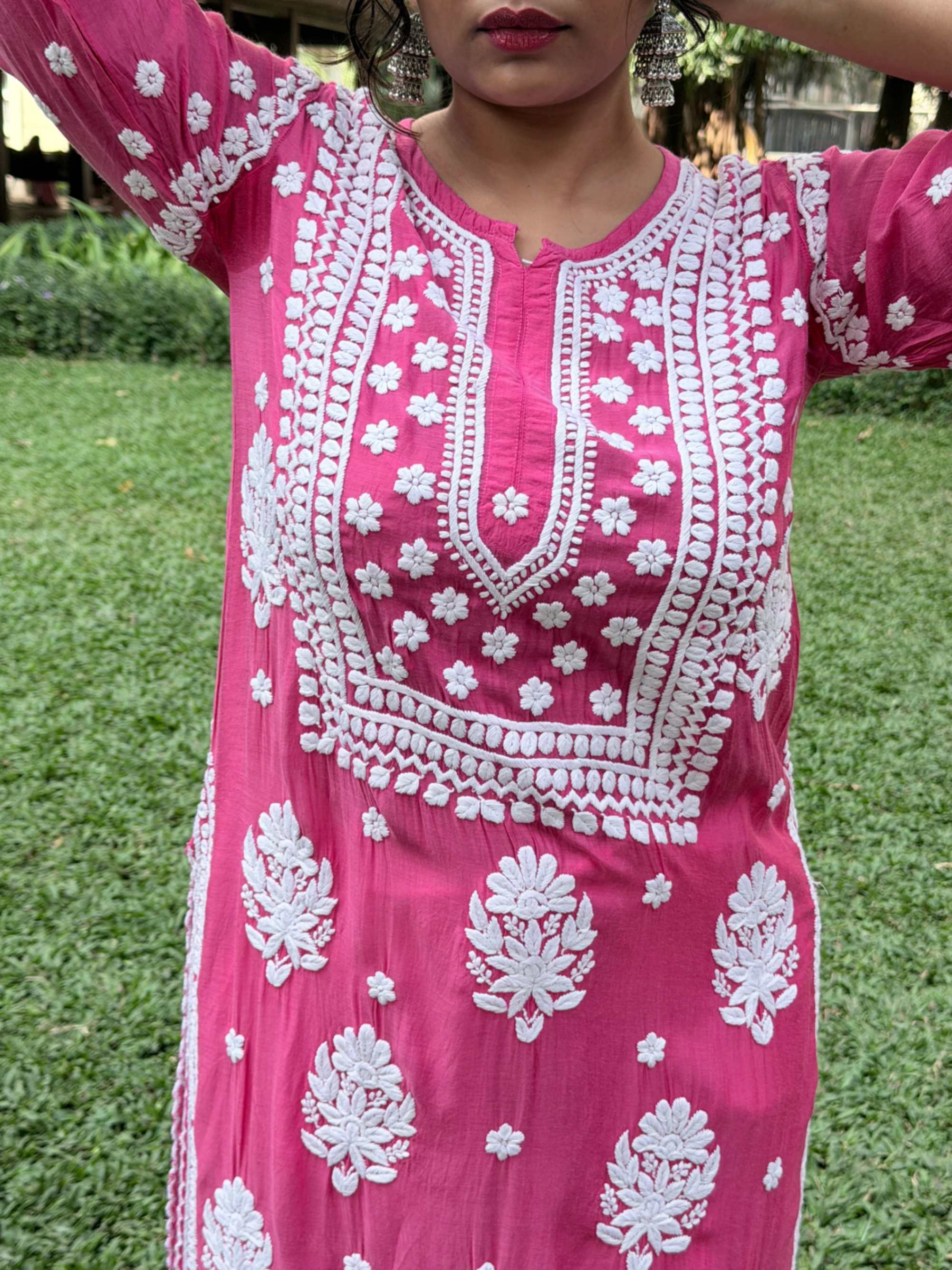 Rose Pink Radiance Premium Muslin Handwork Chikankari Kurti