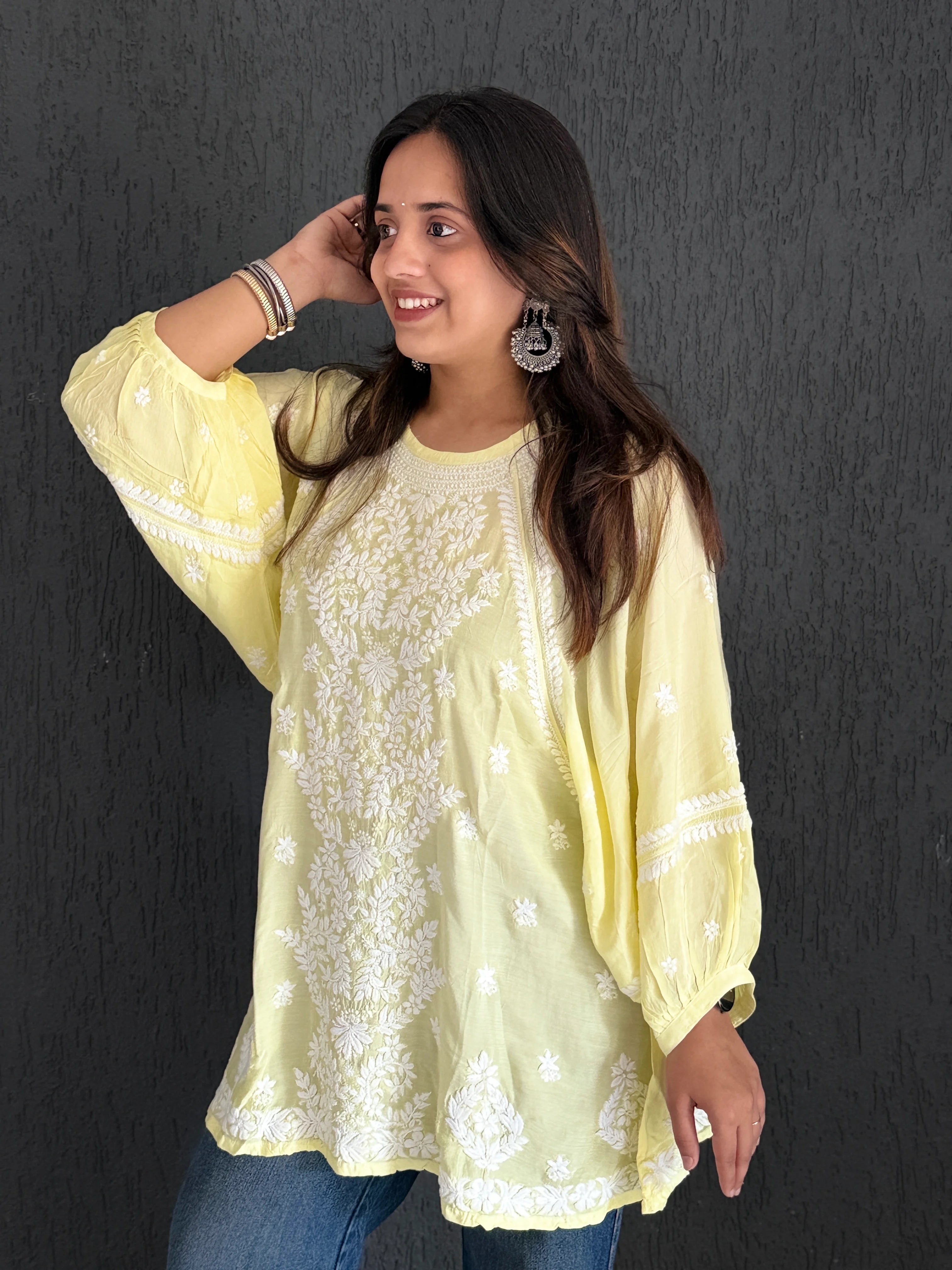 Premium Lime Yellow Muslin Chikankari Puff Sleeves Kurti