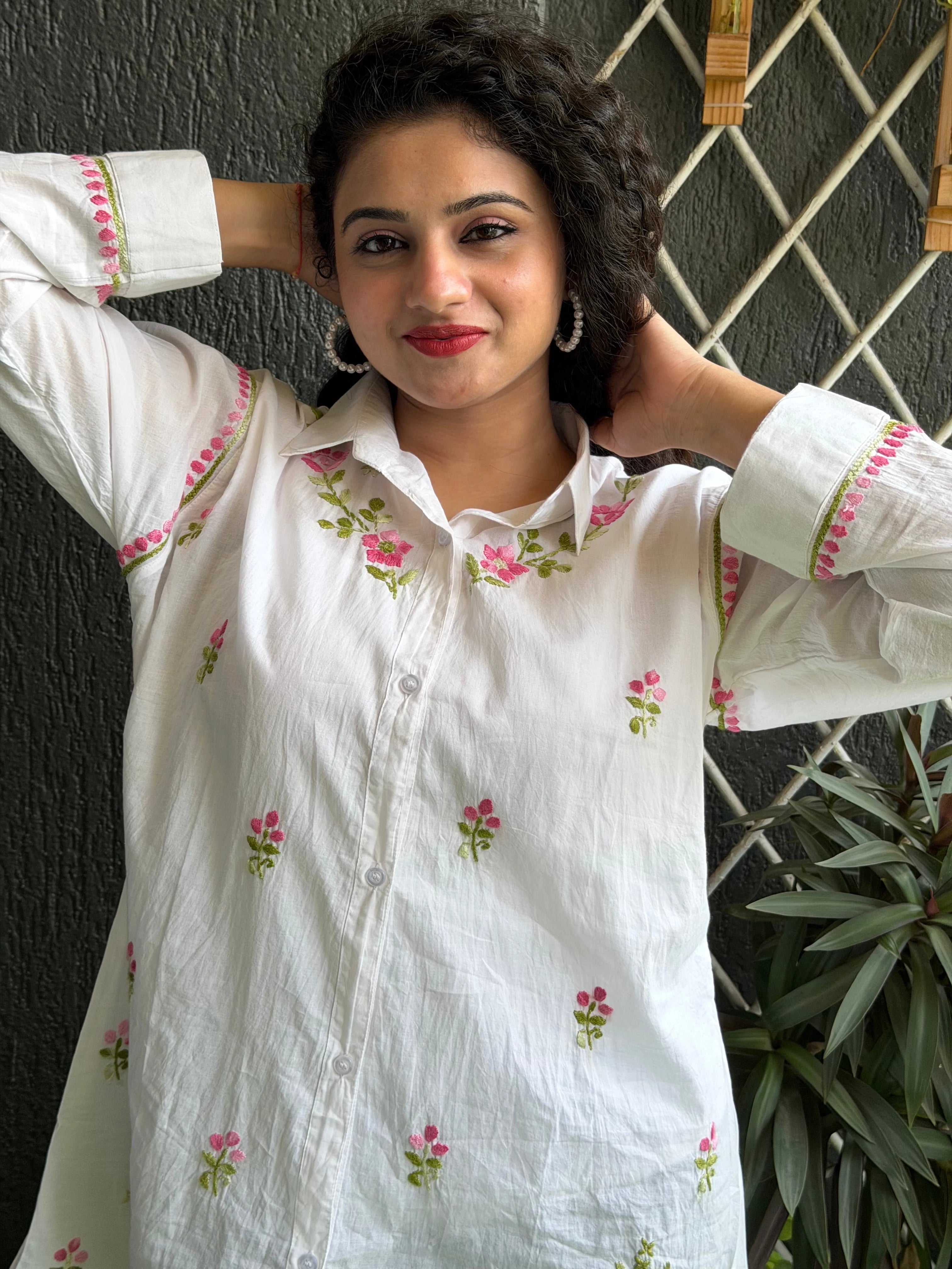 Classic White Cotton Chikankari Shirt Tunic with Pink Florals